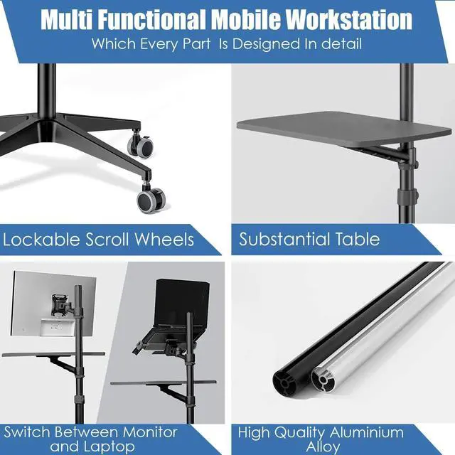 Alt view image 3 of 5 - MagicHold Mobile Desk Workstation,Mulitiuse Rolling Laptop Floor Stand,34"-48.6" Height Adjustable,Compatible with 17"-27" Monitor&12"-17" Laptop,21"x14" Desk Board,Maxload 17.6lbs,4 Lockable Wheels