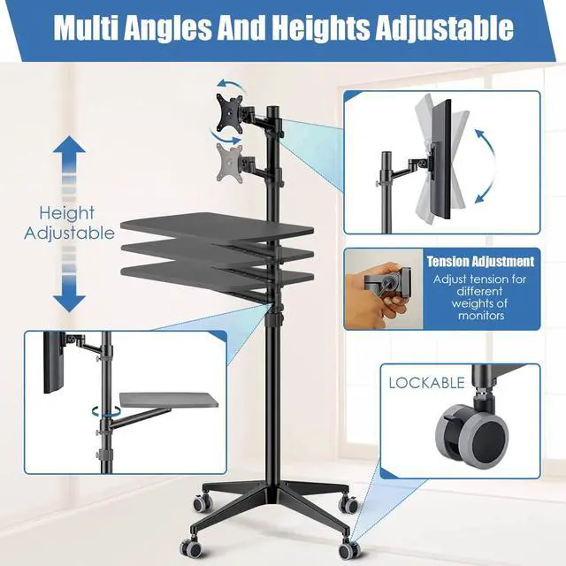 Alt view image 4 of 5 - MagicHold Mobile Desk Workstation,Mulitiuse Rolling Laptop Floor Stand,34"-48.6" Height Adjustable,Compatible with 17"-27" Monitor&12"-17" Laptop,21"x14" Desk Board,Maxload 17.6lbs,4 Lockable Wheels