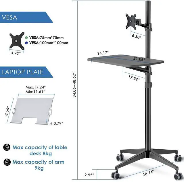 Alt view image 5 of 5 - MagicHold Mobile Desk Workstation,Mulitiuse Rolling Laptop Floor Stand,34"-48.6" Height Adjustable,Compatible with 17"-27" Monitor&12"-17" Laptop,21"x14" Desk Board,Maxload 17.6lbs,4 Lockable Wheels