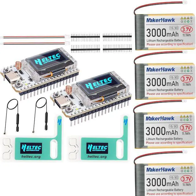 Main image of 2 Pack ESP32 LoRa V3 Module Board with Case + 4 Pack 3.7V 3000mAh LiPo Battery