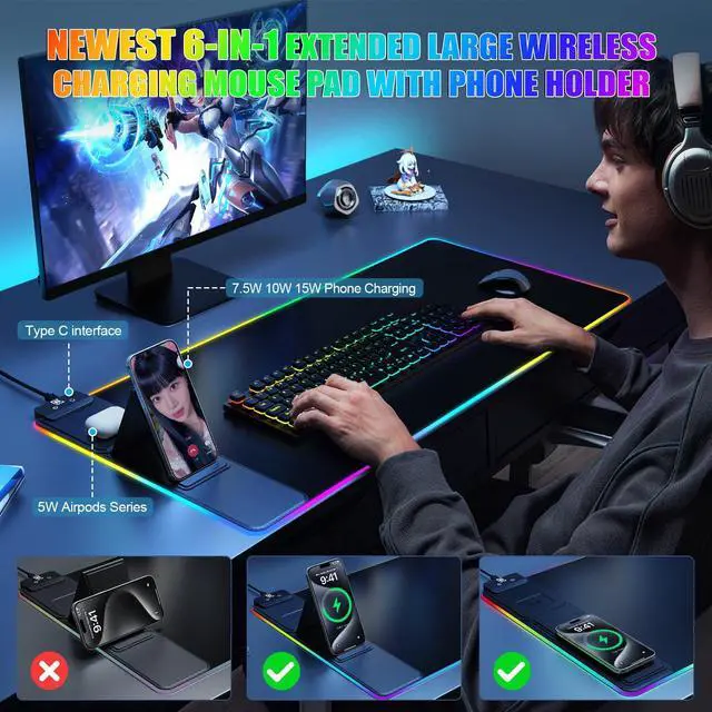 Alt view image 3 of 5 - Mouse Pad with Phone Holder, Wireless Charging Desk Mat, RGB Gaming Mousepad Home Office Large Desk Pad with Ultra-Smooth Surface, Non-Slip Base, Waterproof Keyboard Pad, Classic Black Desk Mat