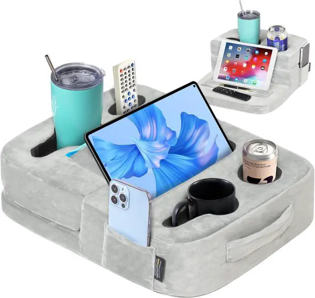 Main image of TabCouchCaddy - Couch Cup Holder Tray Pillow - Bed, Couch Caddy, Sofa, RV & Car - Holds Drinks, Snacks, Remotes, Phones, Kindle, Tablet | Bed Cup Holder (Grey)