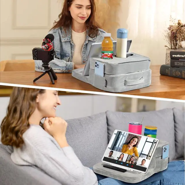 Alt view image 4 of 4 - TabCouchCaddy - Couch Cup Holder Tray Pillow - Bed, Couch Caddy, Sofa, RV & Car - Holds Drinks, Snacks, Remotes, Phones, Kindle, Tablet | Bed Cup Holder (Grey)
