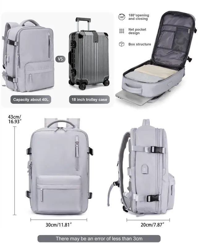 Alt view image 2 of 5 - VGCUB Large Travel Backpack Bag for Women Men,Carry on Backpack,17 Inch Laptop Business Work Waterproof Backpack with Laptop Compartment,Person Item Flight Approved,Mochila de Viaje,Grey