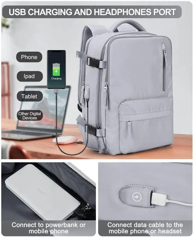 Alt view image 4 of 5 - VGCUB Large Travel Backpack Bag for Women Men,Carry on Backpack,17 Inch Laptop Business Work Waterproof Backpack with Laptop Compartment,Person Item Flight Approved,Mochila de Viaje,Grey