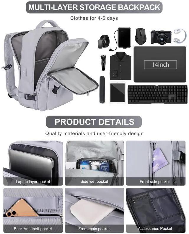 Alt view image 5 of 5 - VGCUB Large Travel Backpack Bag for Women Men,Carry on Backpack,17 Inch Laptop Business Work Waterproof Backpack with Laptop Compartment,Person Item Flight Approved,Mochila de Viaje,Grey