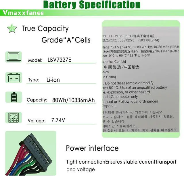 Alt view image 2 of 5 - Vmaxxfanee LBV7227E Laptop Battery Replacement for LG Gram 17Z90N 15Z90N Gram 16 2-in-1 16T90P 16Z90P 16Z90PG 16Z90PC 17Z90P 16ZD90P Series 80Wh 7.74V 10336mAh