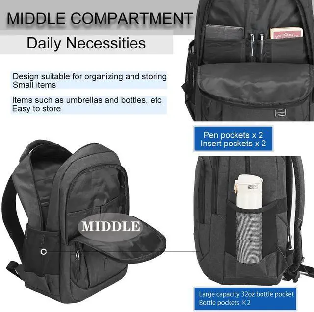 Alt view image 3 of 5 - WIRABO Laptop Backpack for Men Travel Backpack Water-Resistant 17.3 Inch Computer Backpack Work Business Black