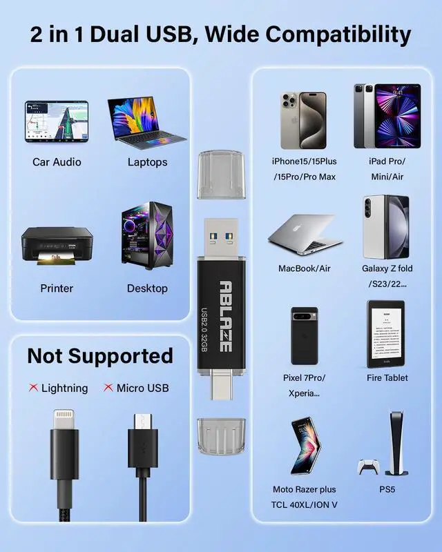 Alt view image 5 of 5 - ABLAZE 32GB Type C Flash Drive 10 Pack, Dual USB 2.0+USB C Memory Stick Thumb Drive Compatible with iPhone 16/15, Android Smartphone, Computers, Tablets, Mac,iPad,PC