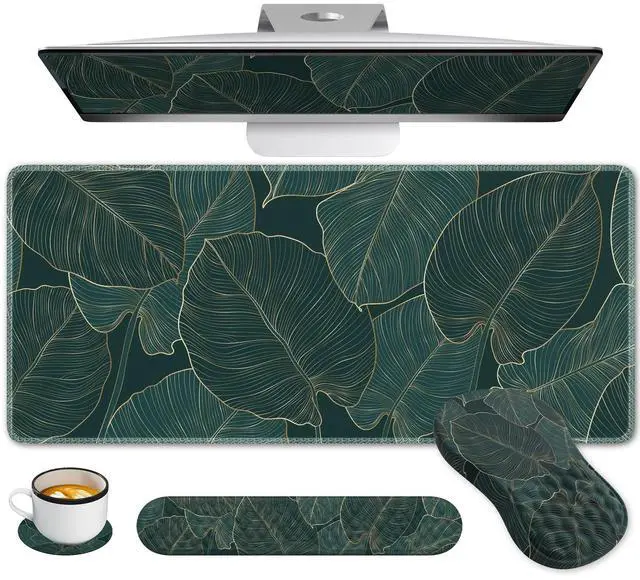 Main image of AnyShock 4 in 1Desk Mat for Keyboard and Mouse, Ergonomic Green Mouse Pad with Memory Foam Wrist Rest, Large Desk Pad Mat, Soft Wrist Support for Keyboard (Palm Leaves)