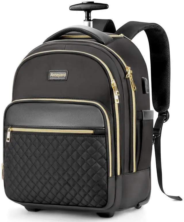 Main image of Arcoyard Small Rolling Backpack for Women, Lightweight Travel Backpack with Wheels, Roller Backpack for Adults, Water Resistant Rolling Laptop Bag, Wheeled Underseat Carry On Luggage, Black Gold