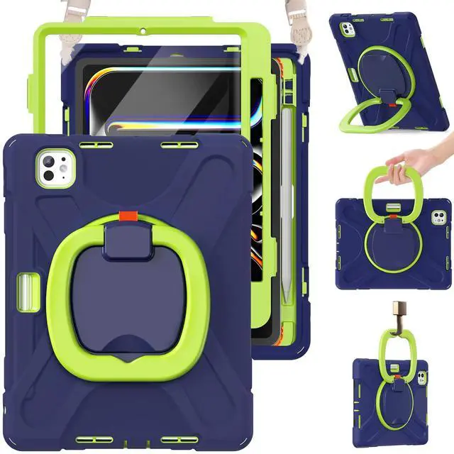 Main image of BRAECN Case for iPad Pro 11-Inch M4 2024 (A2836 / A2837 / A3006), Shockproof Silicone w/Built-in Screen Protector, Shoulder Strap, Handle Grip, Pencil Holder & Kickstand for Pro 11 2024, Navy Green