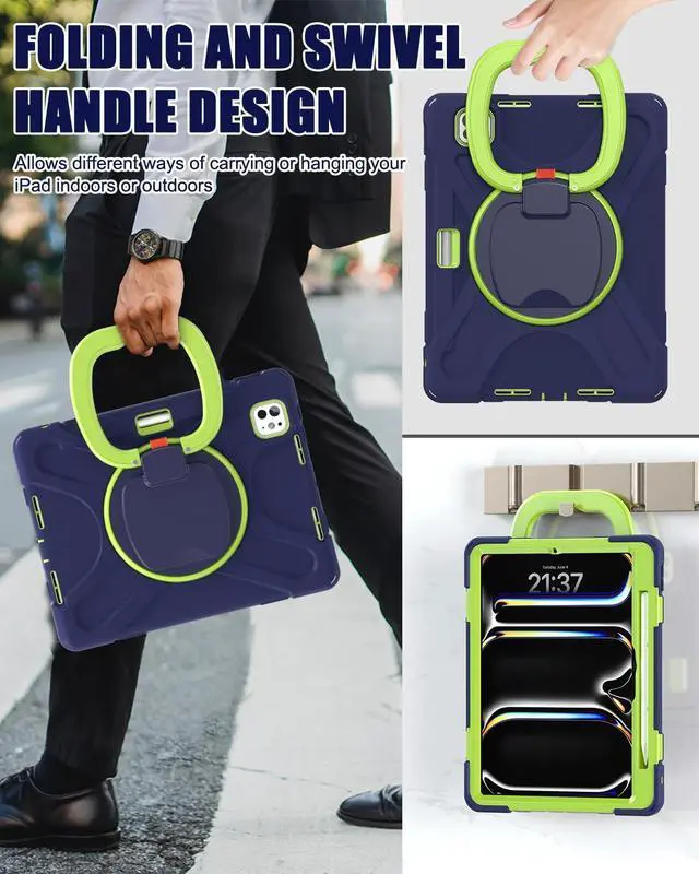 Alt view image 4 of 5 - BRAECN Case for iPad Pro 11-Inch M4 2024 (A2836 / A2837 / A3006), Shockproof Silicone w/Built-in Screen Protector, Shoulder Strap, Handle Grip, Pencil Holder & Kickstand for Pro 11 2024, Navy Green