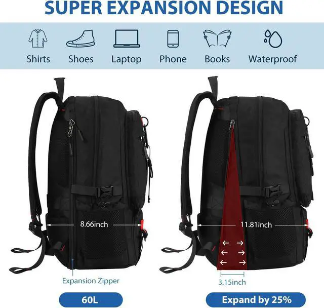 Alt view image 3 of 5 - Fujampe Travel Backpack for Men Women Airline Approved Anti Theft Carry on Backpack with Shoes Compartment USB Charging Port, Waterproof 60L Large Business Hiking Laptop Gym Bag for 17 Inch Laptop