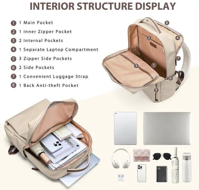 Alt view image 3 of 5 - GOLF QUALITY Laptop Backpack for Women, Work Business Traval Computer Backpacks with Laptop Compartment Waterproof Casual Daypack for Travel College,16Inch,Apricot