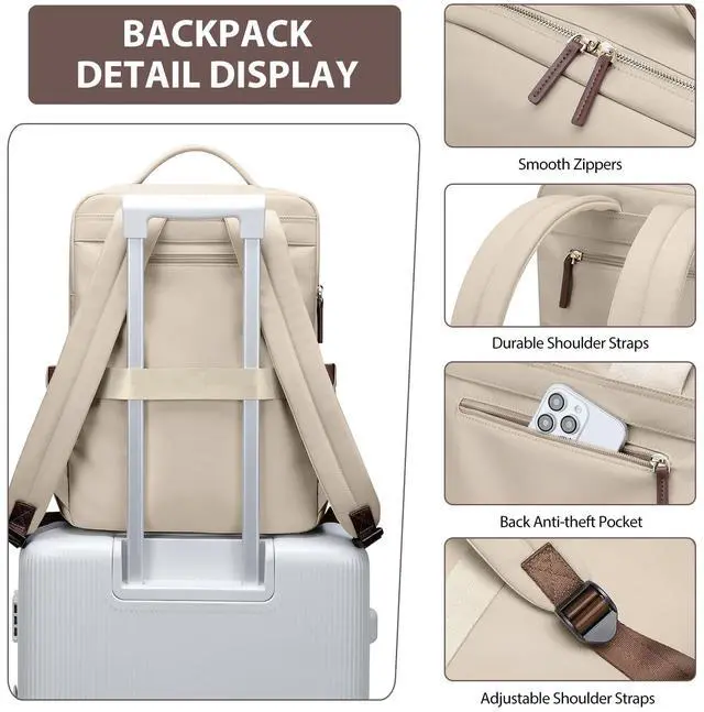 Alt view image 5 of 5 - GOLF QUALITY Laptop Backpack for Women, Work Business Traval Computer Backpacks with Laptop Compartment Waterproof Casual Daypack for Travel College,16Inch,Apricot