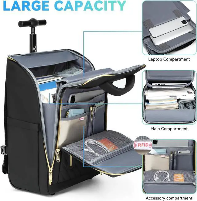 Alt view image 2 of 5 - GOTECH Rolling Backpack, Waterproof Backpack with Wheels for Business Commuter, Carry on Backpack with Laptop Compartment, Fit 15.6/18 Inch Laptop, Wheeled Backpack for Adults (Gold Black)