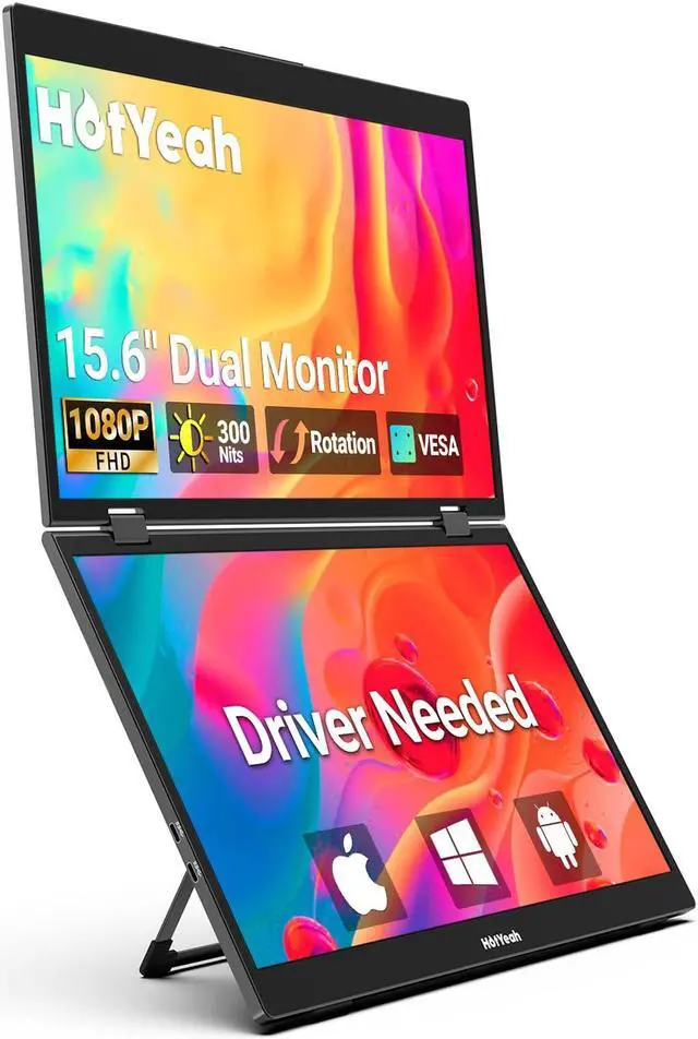 Main image of HotYeah Triple Laptop Screen Extender, 15.6" Dual Stacked Monitor (Windows/Mac/Android),1080P FHD Folding Portable Travel Extended Screen w/Kickstand & VESA, 180° Rotation, Double Monitor for Laptop