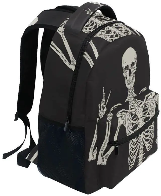 Alt view image 3 of 5 - JIPONI Black Halloween Skull Skeleton Peace Backpack For Women Men, Student School Bag Bookbag Travel Laptop Backpack Purse Daypack