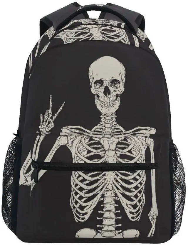 Main image of JIPONI Black Halloween Skull Skeleton Peace Backpack For Women Men, Student School Bag Bookbag Travel Laptop Backpack Purse Daypack