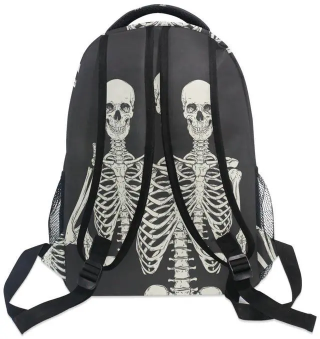 Alt view image 5 of 5 - JIPONI Black Halloween Skull Skeleton Peace Backpack For Women Men, Student School Bag Bookbag Travel Laptop Backpack Purse Daypack