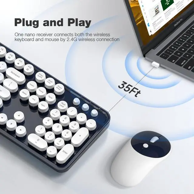 Alt view image 2 of 5 - KNOWSQT Wireless Keyboard and Mouse Combo - White-DarkBlue Full-Sized 2.4 GHz 104 Keys Typewriter Keyboard, Flexible Round Keycap and Optical Mouse for Windows, Computer, PC, Laptop, Desktop, Mac