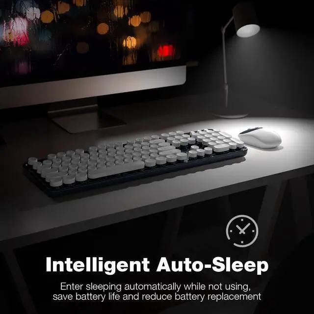 Alt view image 4 of 5 - KNOWSQT Wireless Keyboard and Mouse Combo - White-DarkBlue Full-Sized 2.4 GHz 104 Keys Typewriter Keyboard, Flexible Round Keycap and Optical Mouse for Windows, Computer, PC, Laptop, Desktop, Mac