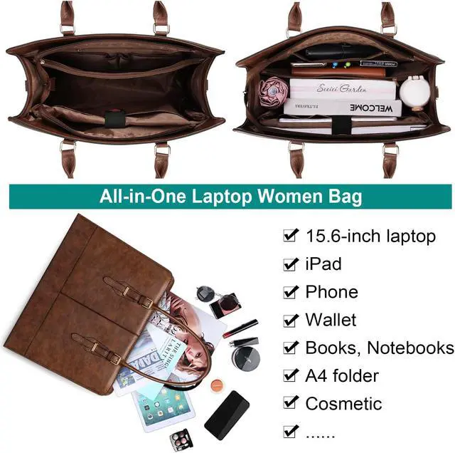 Alt view image 3 of 5 - Laptop Bag for Women Leather Work Tote 15.6 Inch Laptop for Computer Bag Waterproof Business Office Professional Large Capacity Handbag Shoulder Bag