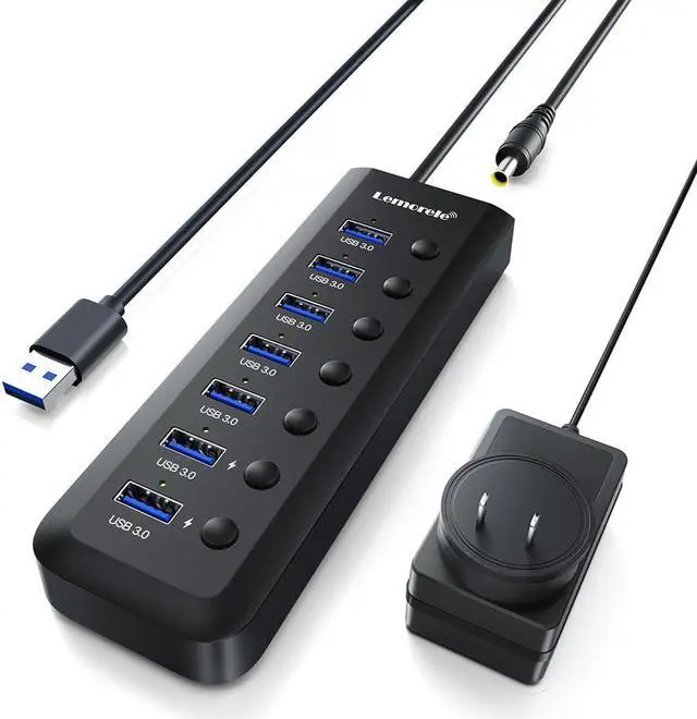 Main image of Lemorele 7-in-1 15W USB 3.0 Powered Hub w/2 Charging Ports (5V 1.5A), Individual LED On/Off Switches, 5Gbps Data Transfer, Anti-Slip & Thermal Design, Slim & Portable, No Driver Needed - 3.28ft Cables