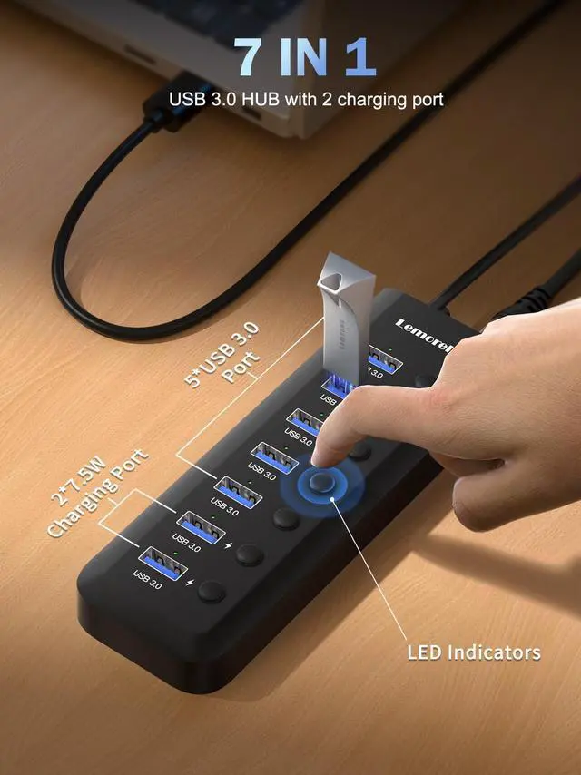 Alt view image 2 of 5 - Lemorele 7-in-1 15W USB 3.0 Powered Hub w/2 Charging Ports (5V 1.5A), Individual LED On/Off Switches, 5Gbps Data Transfer, Anti-Slip & Thermal Design, Slim & Portable, No Driver Needed - 3.28ft Cables