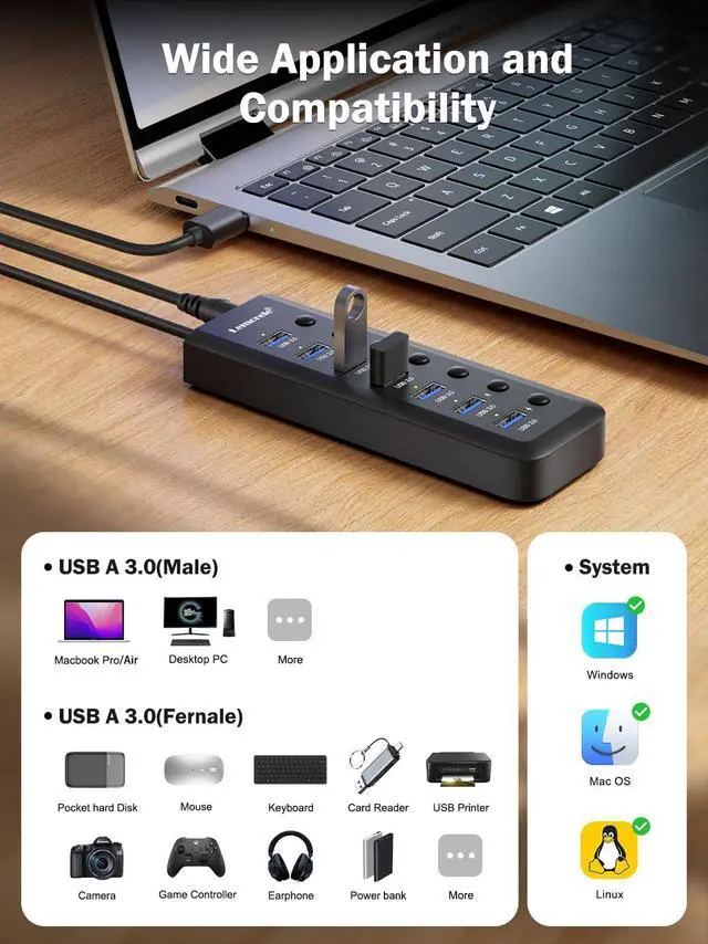 Alt view image 3 of 5 - Lemorele 7-in-1 15W USB 3.0 Powered Hub w/2 Charging Ports (5V 1.5A), Individual LED On/Off Switches, 5Gbps Data Transfer, Anti-Slip & Thermal Design, Slim & Portable, No Driver Needed - 3.28ft Cables