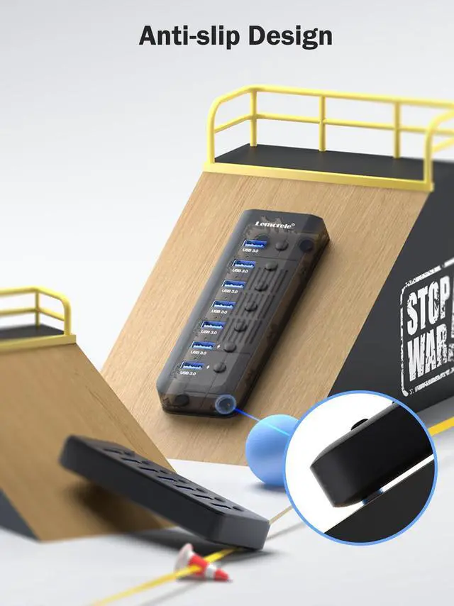 Alt view image 4 of 5 - Lemorele 7-in-1 15W USB 3.0 Powered Hub w/2 Charging Ports (5V 1.5A), Individual LED On/Off Switches, 5Gbps Data Transfer, Anti-Slip & Thermal Design, Slim & Portable, No Driver Needed - 3.28ft Cables