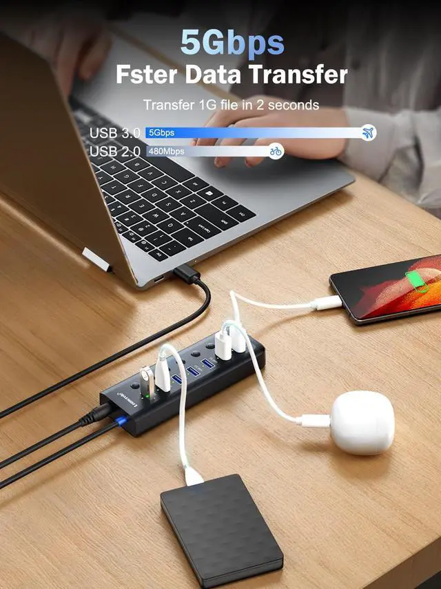 Alt view image 5 of 5 - Lemorele 7-in-1 15W USB 3.0 Powered Hub w/2 Charging Ports (5V 1.5A), Individual LED On/Off Switches, 5Gbps Data Transfer, Anti-Slip & Thermal Design, Slim & Portable, No Driver Needed - 3.28ft Cables