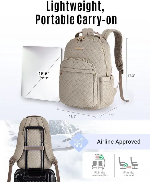 Alt view image 4 of 5 - LIGHT FLIGHT Travel Laptop Backpack Women, 15.6 Inch Anti Theft Laptop Backpack with USB Charging Hole Water Resistant Casual Daypack Computer Backpack for Work, Warm Gray