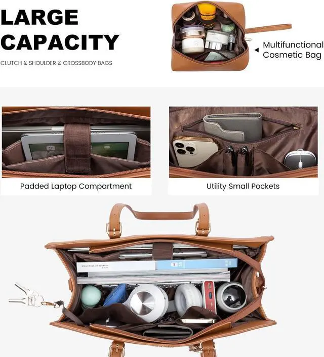 Alt view image 3 of 5 - LOVEVOOK Laptop Bag for Women 15.6 inch Lightweight PU Laptop Tote, Large Capacity Computer Bag with Clutch Purse for Business, Work, Office, Travel, School, Casual (Brown & Leather)