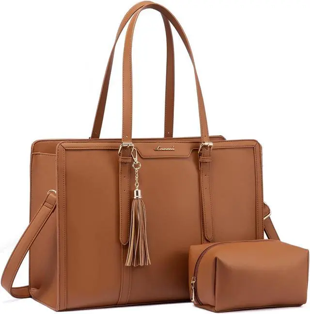 Main image of LOVEVOOK Laptop Bag for Women 15.6 inch Lightweight PU Laptop Tote, Large Capacity Computer Bag with Clutch Purse for Business, Work, Office, Travel, School, Casual (Brown & Leather)