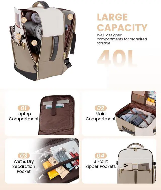Alt view image 4 of 5 - LOVEVOOK Travel Backpack for Women, TSA Carry On Backpack Flight Approved Luggage, 40L Water Resistant Personal Item Daypack Large Weekender Bag fit 17 inch Laptop with 3 Cubes, Beige-khaki-black