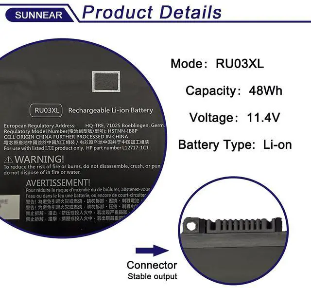 Alt view image 2 of 5 - SUNNEAR RU03XL Laptop Battery Compatible with HP Probook X360 11 G3 G4 G5 G6 440 G1 Series HSTNN-LB8K HSTNN-IB8P HSTNN-UB7P L12717-171 L12717-1C1 L12717-421 L12717-541 L12791-855