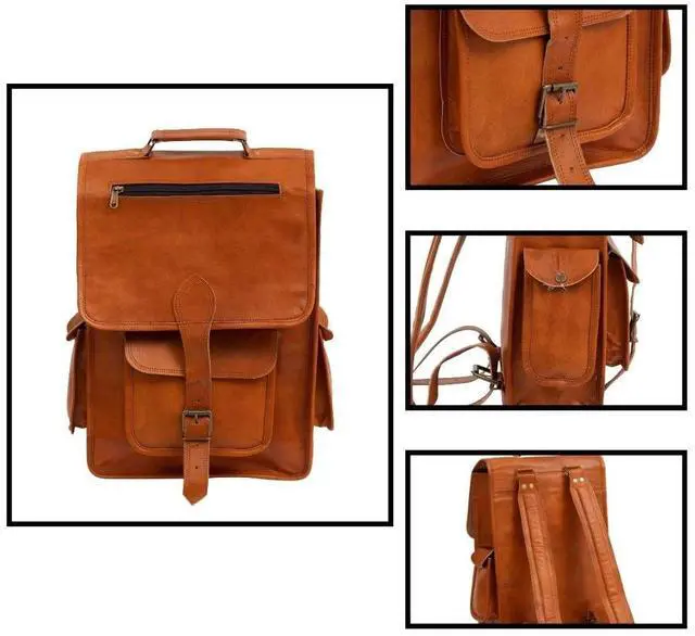 Alt view image 5 of 5 - Shy Shy Let's Touch The Sky 16" Vintage leather Backpack Laptop Messenger Bag Lightweight College Rucksack Sling for Men Women