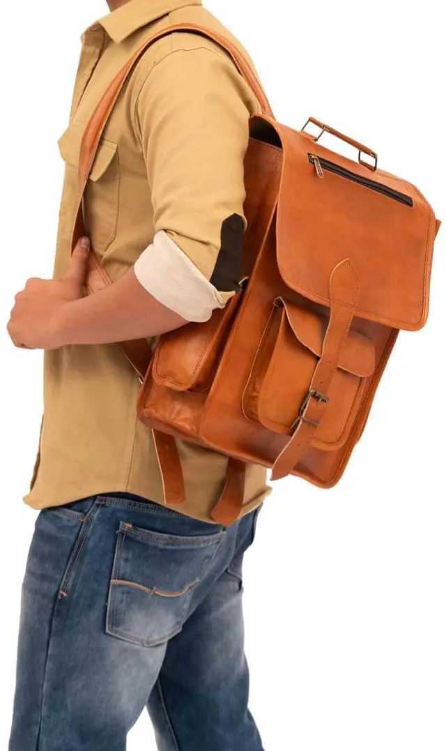 Alt view image 2 of 5 - Shy Shy Let's Touch The Sky 16" Vintage leather Backpack Laptop Messenger Bag Lightweight College Rucksack Sling for Men Women