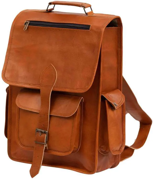 Alt view image 3 of 5 - Shy Shy Let's Touch The Sky 16" Vintage leather Backpack Laptop Messenger Bag Lightweight College Rucksack Sling for Men Women