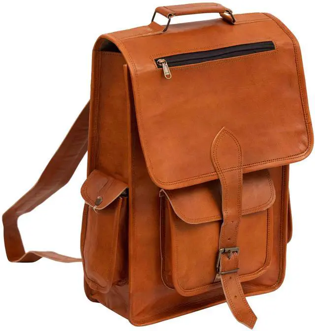 Alt view image 4 of 5 - Shy Shy Let's Touch The Sky 16" Vintage leather Backpack Laptop Messenger Bag Lightweight College Rucksack Sling for Men Women