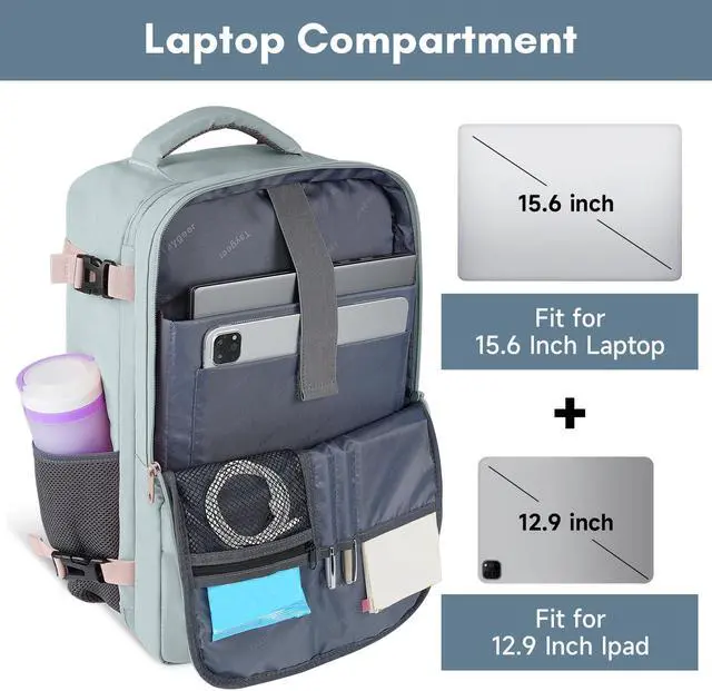 Alt view image 5 of 5 - Taygeer Personal Item Backpack for Men Women, Travel Backpack Carry on Luggage Flight Approved with USB Charging Port & Shoe Pouch, Large Weekender Backpack Work Bag for Hiking Gift, Gray Powder