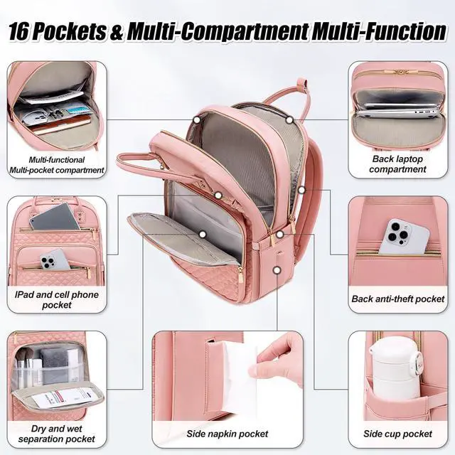 Alt view image 4 of 5 - Tealari Laptop Backpack for Women,15.6 Inch Laptop Backpack for Work,Water Resistant Travel Backpack,College Bookbag with Wallet (Pink-1)