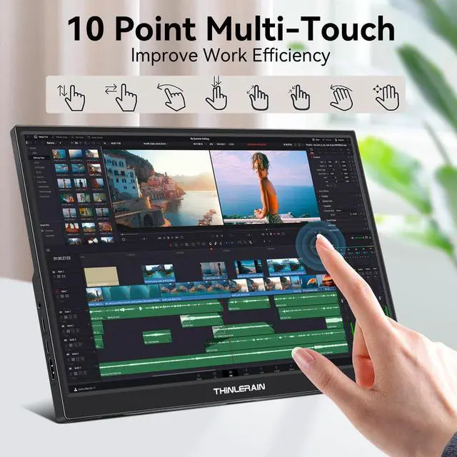 Alt view image 3 of 5 - Thinlerain 14 Inch FHD 1920x1200 IPS Portable Monitor Touchscreen with Type-C 3.1 & HDMI, Travel Monitor with Kickstand & Speaker, External Display for Laptop Phone Computer Xbox Switch PS4/5