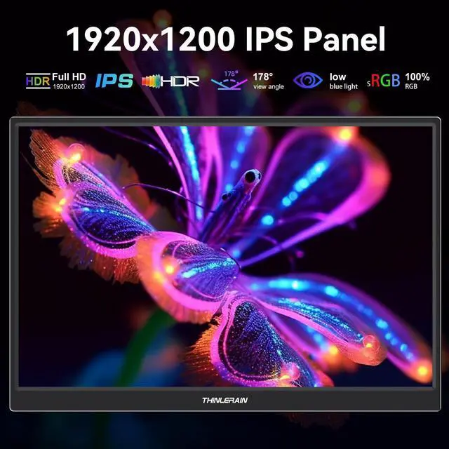 Alt view image 2 of 5 - Thinlerain 14 Inch FHD 1920x1200 IPS Portable Monitor Touchscreen with Type-C 3.1 & HDMI, Travel Monitor with Kickstand & Speaker, External Display for Laptop Phone Computer Xbox Switch PS4/5