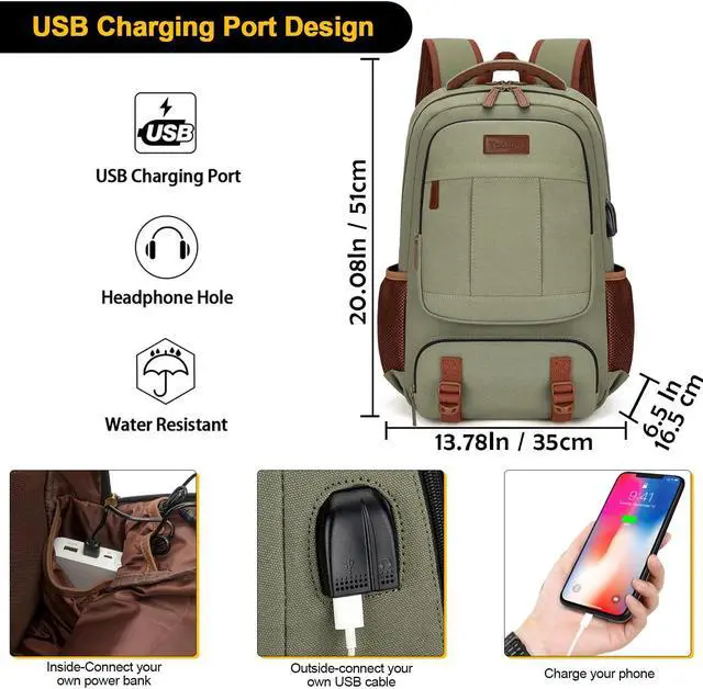 Alt view image 2 of 5 - Tzowla Canvas Laptop Backpack, Bag for Men Women,Travel Work Rucksack Fits 17.3 Inch Laptop, Bookbag with USB Charging Port