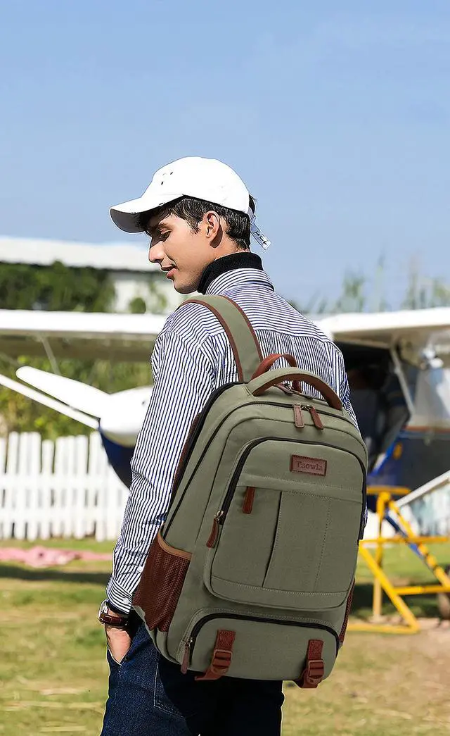 Alt view image 3 of 5 - Tzowla Canvas Laptop Backpack, Bag for Men Women,Travel Work Rucksack Fits 17.3 Inch Laptop, Bookbag with USB Charging Port