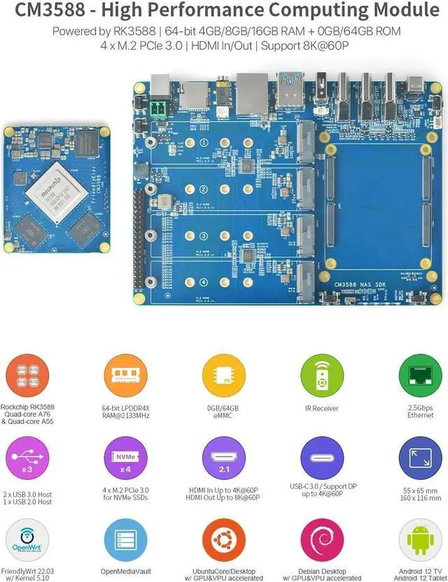 Alt view image 3 of 5 - WayPonDEV CM3588 Network Storage Module NAS Kit, 16GB LPDDR4 Single Board Computer, RK3588 2.4GHz CPU 6TOPs NPU Mali-G610 GPU, Support 4X NVMe SSD for Home Cloud Server, 8K Video Encoders (4+0GB)