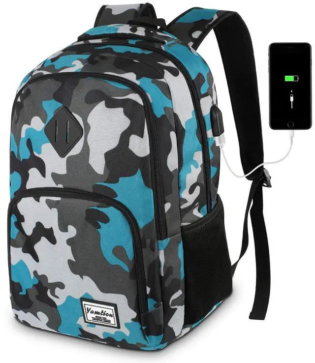 Main image of YAMTION School Backpack for Teen Boys,Bookbag for High School College Backpack with USB,Camouflage Blue